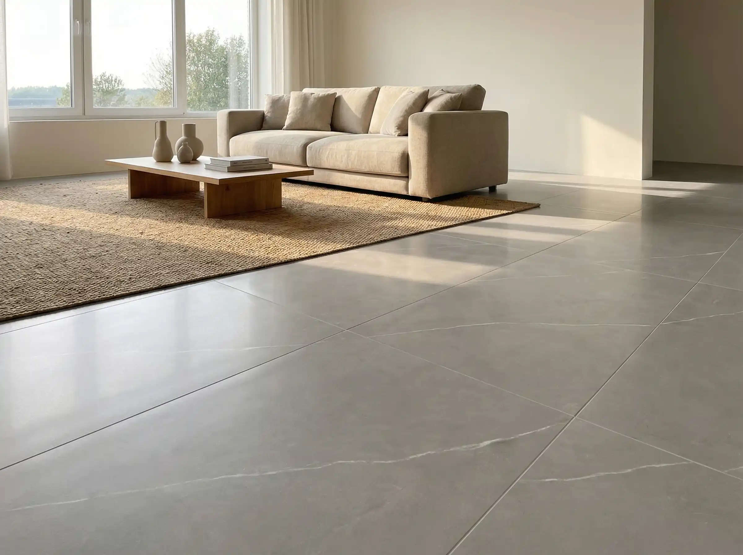 Helles graues Keramikfliesenboden installiert in einem modernen Wohnzimmer mit Sofa und Couchtisch