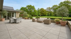 Graue Terrassenfliesen gestalten großzügige Gartenterrasse mit nachhaltigen Fliesen