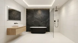 Schwarze Akzentfliesen gestalten modernes Badezimmer mit Badezimmerfliesen Ideen