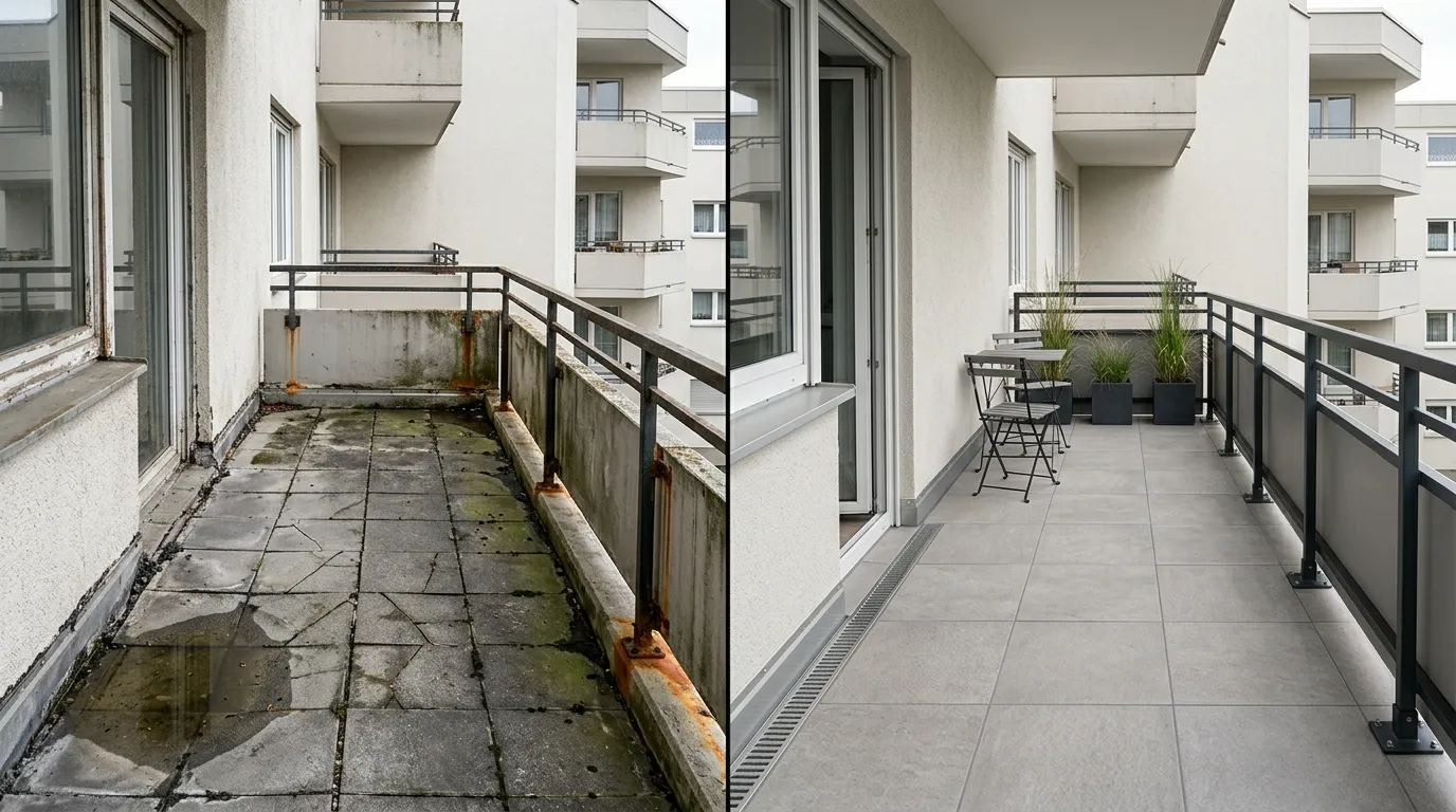 Balkon wird modernisiert mit neuen Außenfliesen beim Außenbereich sanieren