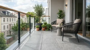 Moderner Balkon zeigt sanierte Fliesenfläche mit Sitzbereich und Pflanzen für Balkonsanierung Firmen