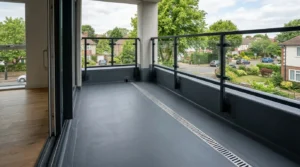 Balkon mit abgedichtetem Boden und Entwässerungsrinne beim Gebäude abdichten