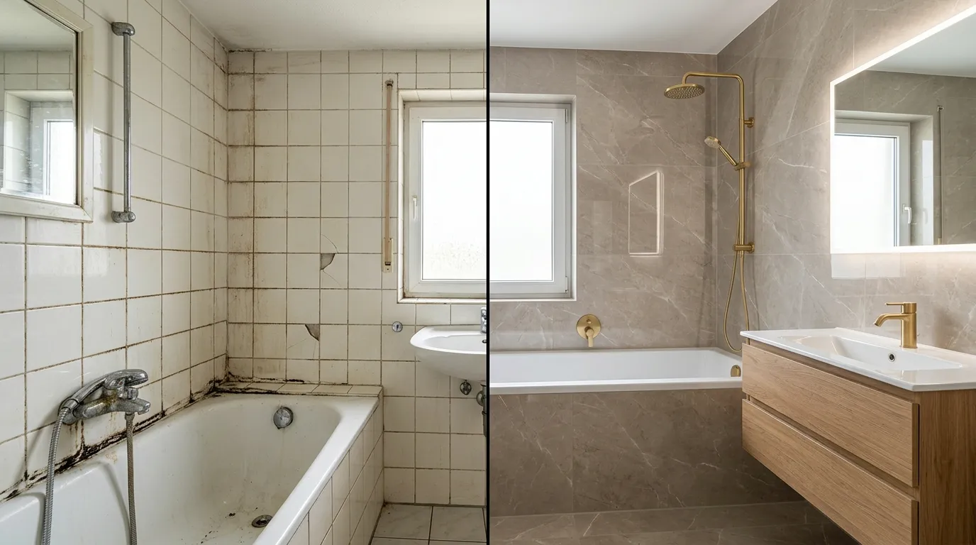 Badezimmer vor und nach der Modernisierung zeigt Fliesenreparatur und Sanierung mit neuen Wandfliesen