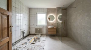 Badezimmerfliesen werden erneuert während professioneller Fliesenreparatur und Sanierung im modernen Bad