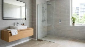 Modernes Badezimmer zeigt graue Keramikfliesen an Wand und Boden für Naturstein oder Keramikfliesen
