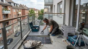 Handwerker verlegt Balkonfliesen auf Abdichtung während Sanierung für Balkonsanierung Firmen