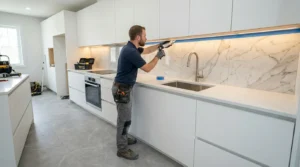 Handwerker führt Silikonfugenarbeiten an moderner Küchenrückwand mit Marmoroptik-Fliesen aus