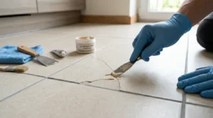 Hand repariert Riss in heller Bodenfliese mit Spachtelmasse für Risse in Fliesen reparieren