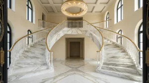 Luxuriöse Marmor-Treppenverkleidung gestaltet in einer eleganten Villa mit großem Eingangsbereich