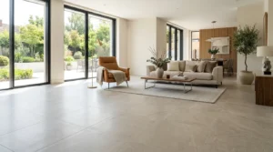 Offenes Wohnzimmer zeigt helle Großformatfliesen mit moderner Einrichtung für Wohnzimmer Fliesen Ideen