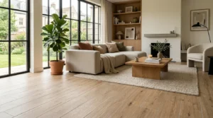 Modernes Wohnzimmer zeigt helle Holzoptik-Fliesen mit Sofa und Pflanzen für Wohnzimmer Fliesen Ideen
