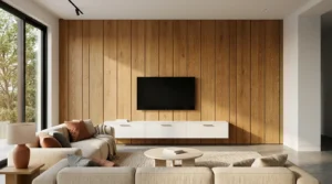 Holz-Wandpaneele gestaltet in modernem Wohnzimmer mit TV-Wand und heller Einrichtung