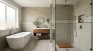 Modernes Badezimmer zeigt dekorative Fliesenbordüre im Duschbereich mit Fliesendekore und Bordüren