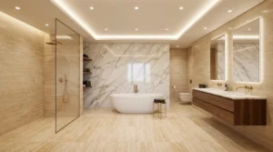 Luxuriöses Badezimmer zeigt gepflegte Natursteinfliesen an Boden und Wand mit Fliesen richtig reinigen