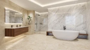 Luxuriöse Natursteinfliesen verlegt in einem modernen Badezimmer mit verschiedenen Natursteinarten