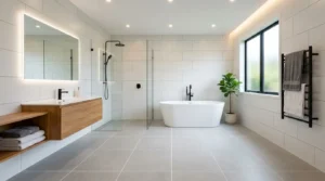 Modernes Badezimmer zeigt verlegte Wand- und Bodenfliesen in hellem Design mit Fliesenverlegen Anleitung