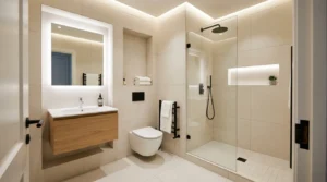 Moderne Badezimmerfliesen verlegt in einem eleganten Bad mit Fliesenverlegung Kosten pro m²