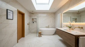 Luxuriöses Badezimmer mit Marmoroptik-Fliesen und freistehender Badewanne bei FCI Fliesen GmbH Erfahrungen