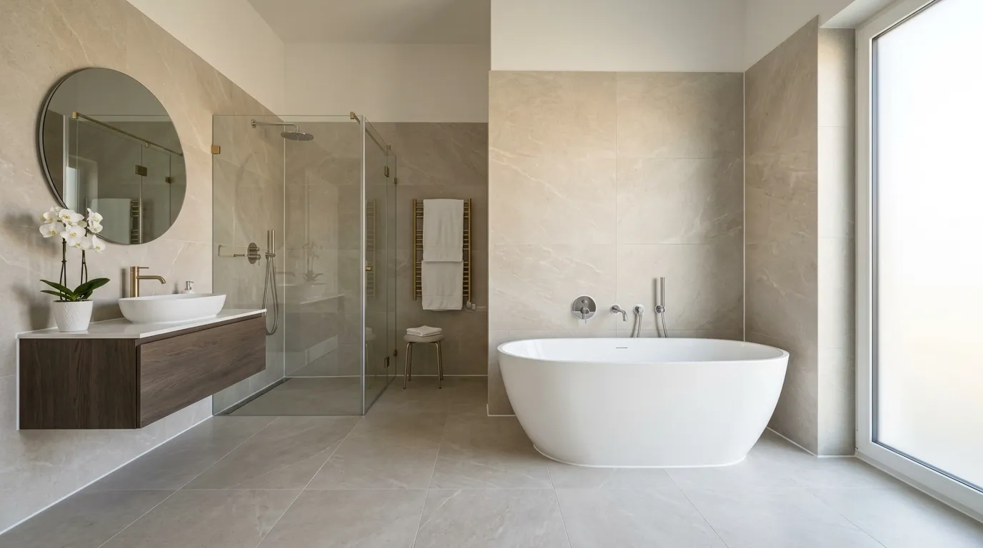 Moderne Silikonfugenarbeiten ausgeführt in hellem Badezimmer mit Glasdusche und freistehender Badewanne