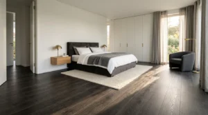 Dunkle Vinyl- und Designbeläge verlegt in modernem Schlafzimmer mit heller Einrichtung