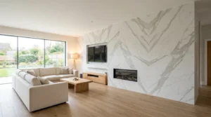 Marmoroptik-Wandfliesen gestalten hellen Wohnbereich mit Großformatige Wandfliesen