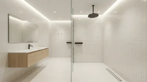 Modernes Badezimmer zeigt helle Mosaikfliesen im Duschbereich mit Fliesen richtig reinigen