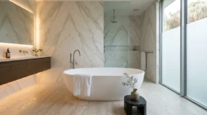 Luxuriöses Badezimmer mit freistehender Badewanne nach dem Ablauf einer Badsanierung renoviert