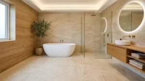 Natursteinoptik-Fliesen gestalten luxuriöses Wellnessbad mit Badezimmerfliesen Ideen