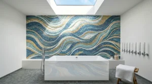 Mosaikfliesenwand gestaltet in modernem Wellness-Bad vom Fliesenleger Großraum Stuttgart