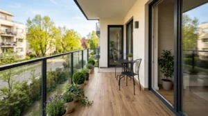 Holzoptik-Fliesen verlegt auf modernem Apartmentbalkon mit Balkonfliesen