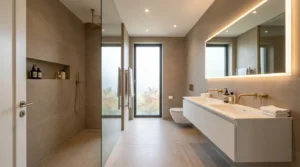 Modernes Badezimmer mit bodengleicher Dusche während dem Ablauf einer Badsanierung fertiggestellt