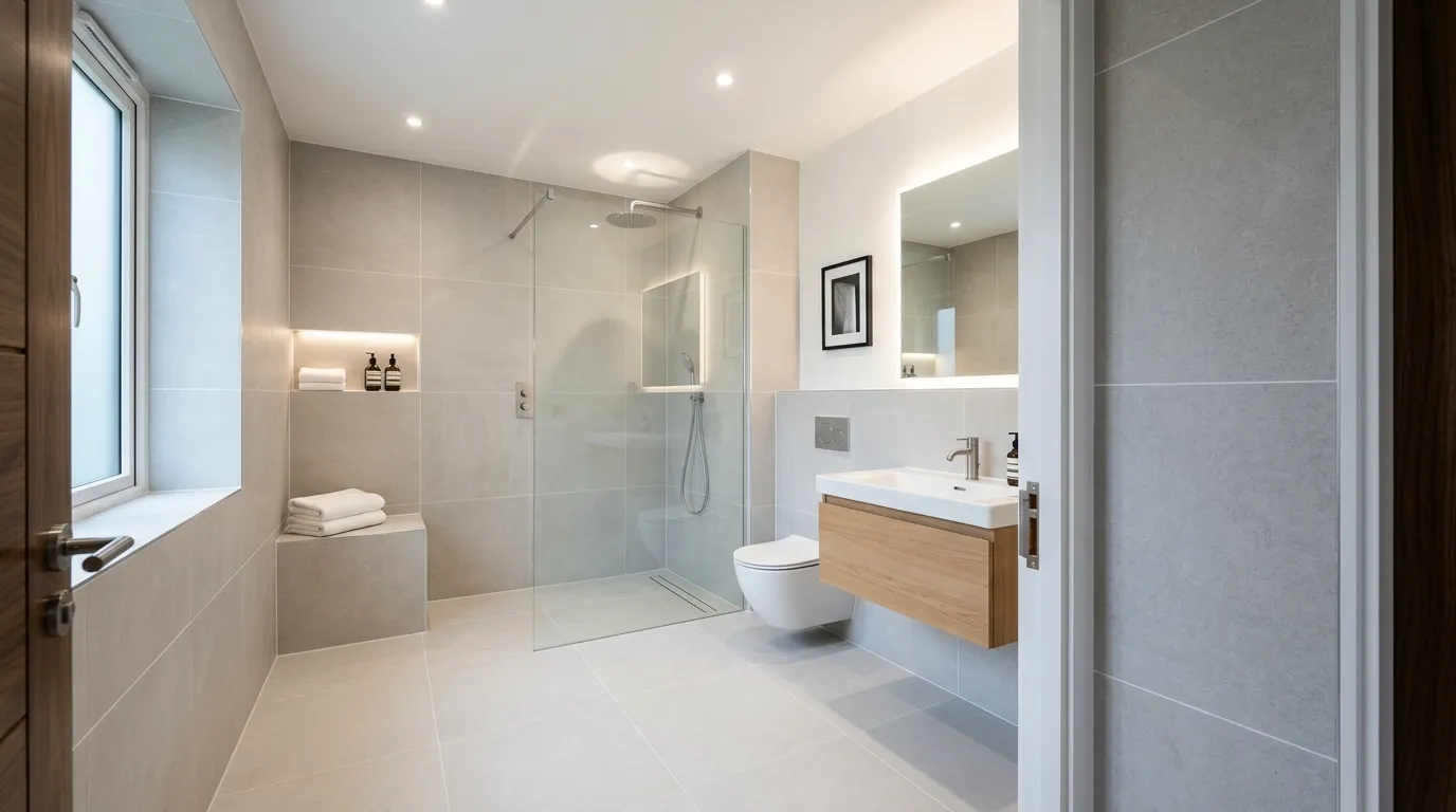 Modernes Badezimmer mit abgedichteter Walk-in-Dusche und großformatigen Fliesen beim Gebäude abdichten