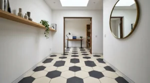 Gemusterte Vinyl- und Designbeläge verlegt in modernem Flur mit Übergang zum Homeoffice