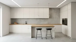Betonoptik-Wandfliesen gestalten moderne Küche mit Großformatige Wandfliesen