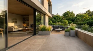 Großformatige Terrassenfliesen verlegt im modernen Außenbereich einer Villa nach den Fliesentrends 2026