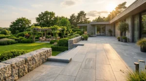 Naturstein-Terrasse gestaltet an moderner Villa mit Garten durch hochwertige Naturstein Bearbeitung