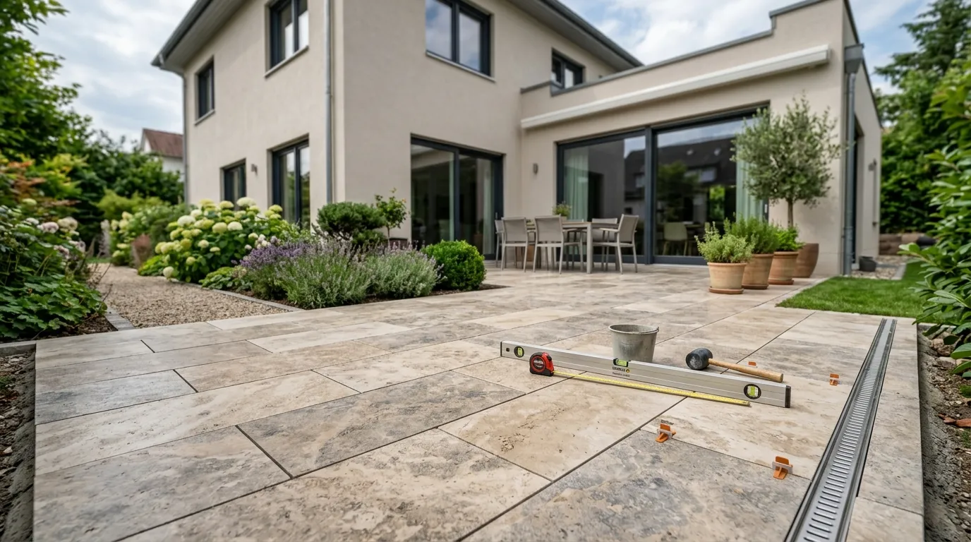 Natursteinplatten werden auf einer modernen Terrasse eines Wohnhauses fachgerecht verlegt – Natursteinverlegung Kosten