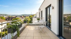 Moderner Balkon mit neuen Außenfliesen gestaltet beim Außenbereich sanieren