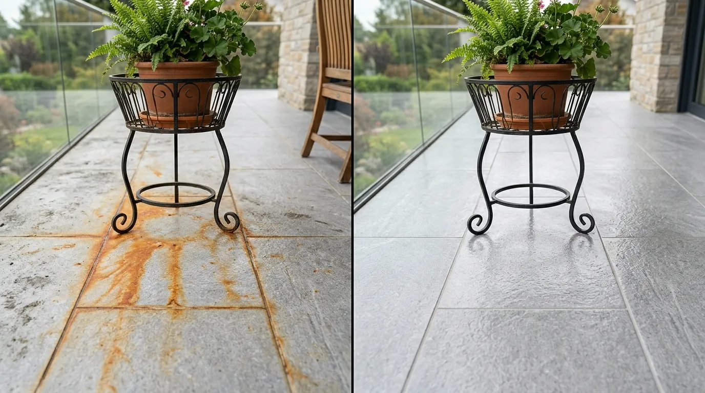 Vorher-Nachher-Bild zeigt gereinigte Terrassenfliesen mit Blumentopf für Rostflecken auf Fliesen entfernen