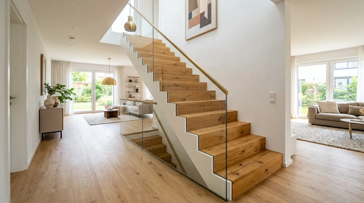 Moderne Treppenverkleidung aus Holz gestaltet in hellem Wohnhaus mit Glasgeländer