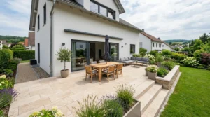 Moderne Natursteinterrasse mit hochwertigen Steinplatten und eleganter Gartengestaltung umgesetzt – Natursteinverlegung Kosten