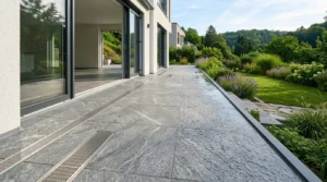Graue Terrassenfliesen verlegt auf moderner Villa-Terrasse beim Außenbereich sanieren