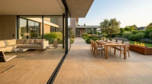 Große XXL-Fliesen verlegt auf moderner Terrasse und im offenen Wohnbereich einer Villa