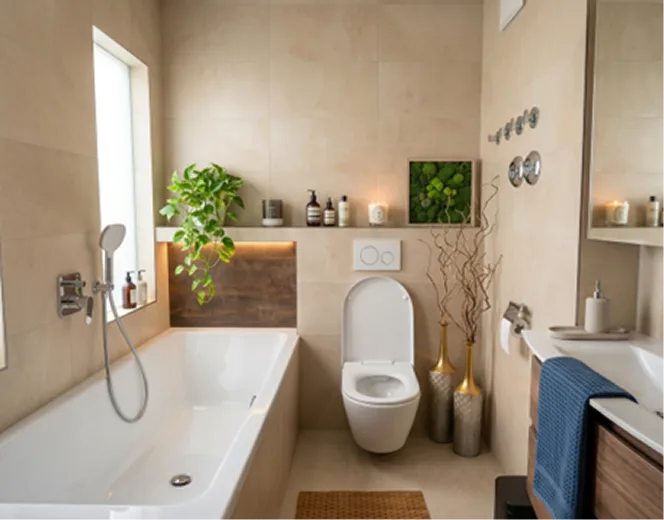 Modernes Badezimmer mit Badewanne und wandhängendem WC in elegantem Spa-Design