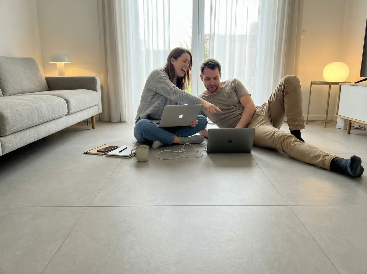Paar sitzt auf modernen Bodenfliesen im stilvollen Wohnzimmer mit hochwertigem Fliesendesign