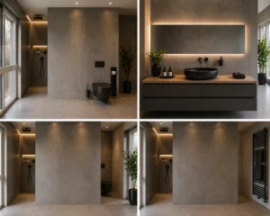 Modernes Badezimmer zeigt graue Großformatfliesen an Wand und Boden mit Großformatfliesen Vorteile