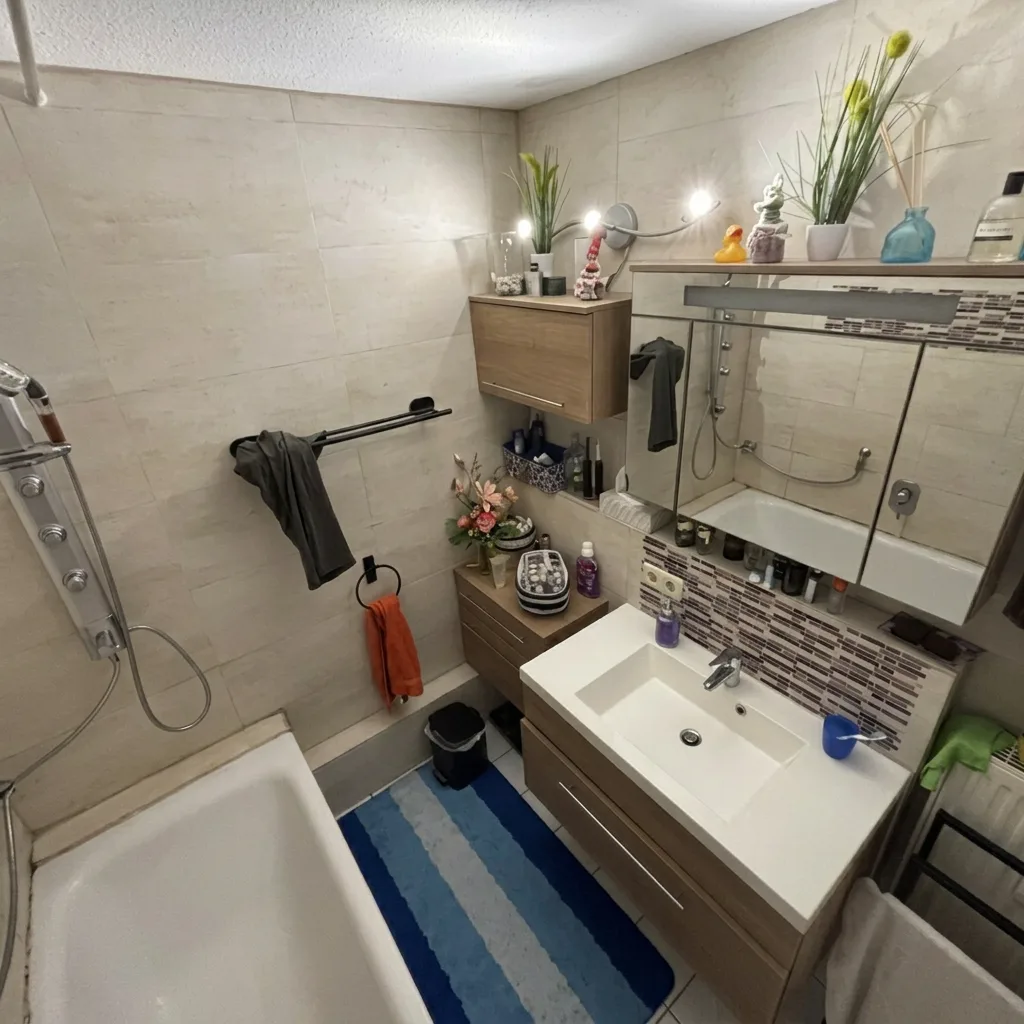 Modernes Badezimmer mit Badewanne und Holzwaschtisch in stilvollem Badezimmerdesign