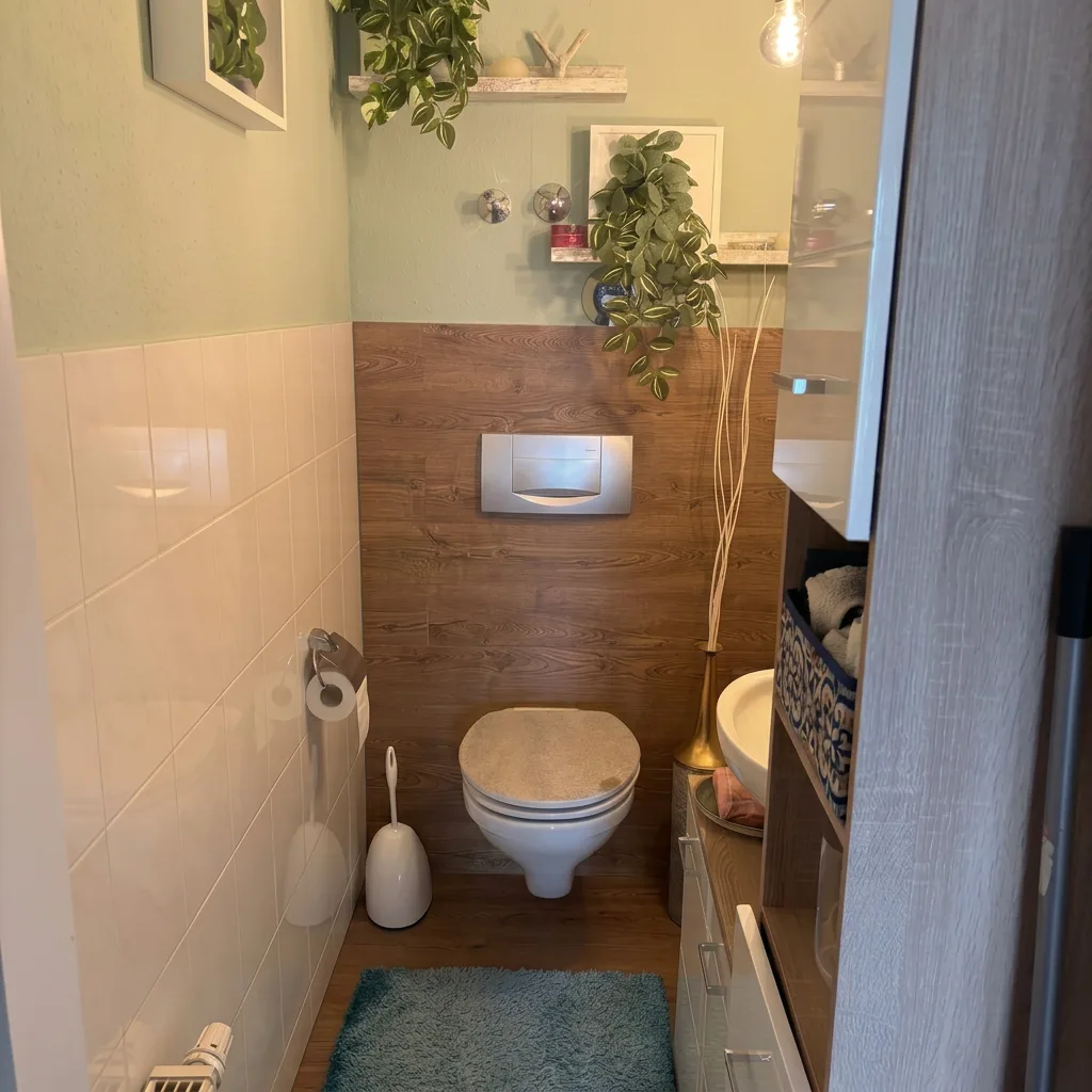 Modernes Gäste-WC mit Holzverkleidung und dekorativen Pflanzen in stilvollem Badezimmerdesign