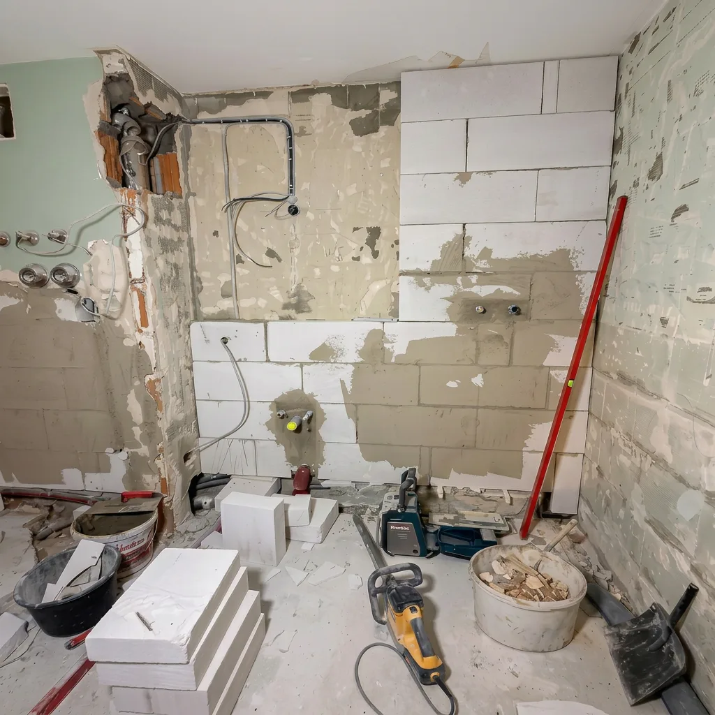 Badezimmer im Rohbau zeigt Vorbereitung und Wandarbeiten für Bad neu machen durch FCI Fliesen