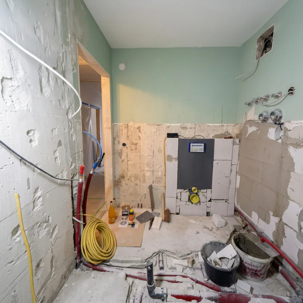 Badezimmer im Umbau mit freiliegenden Leitungen und installiertem Vorwandelement für moderne Badsanierung